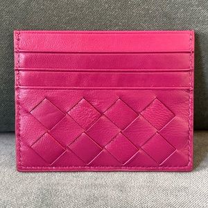 Intreccato Woven Leather Card Case Holder Wallet Fuschia Purple Bottega Style